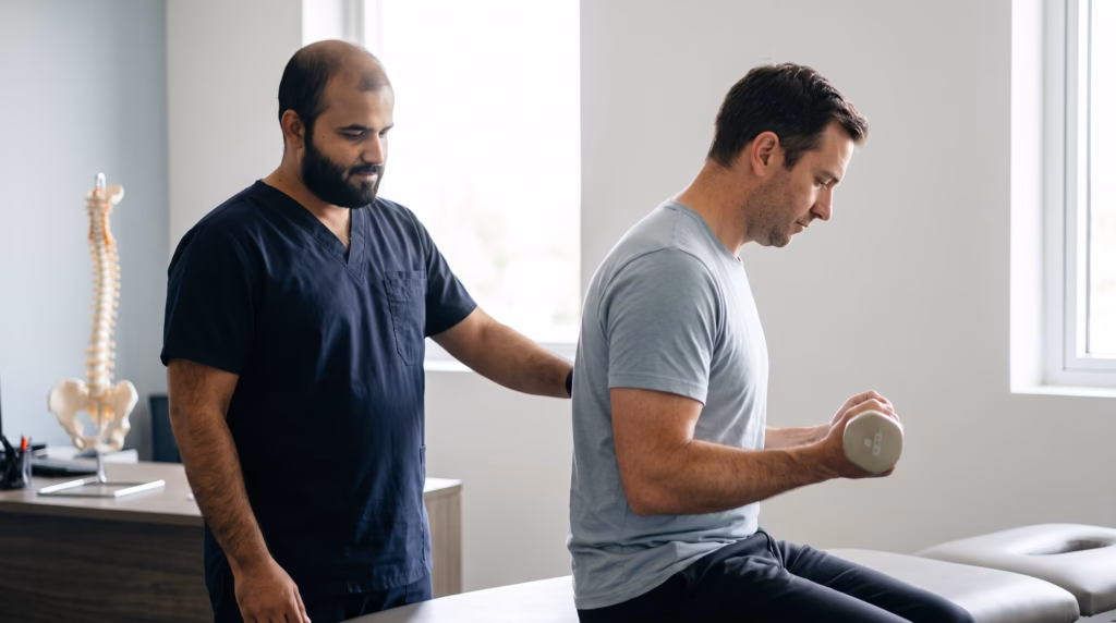 What is a Functional Capacity Evaluation (FCE) in Physical Therapy? 2 Physical therapist evaluating patient arm strength, endurance, and spinal posture during a functional capacity evaluation.