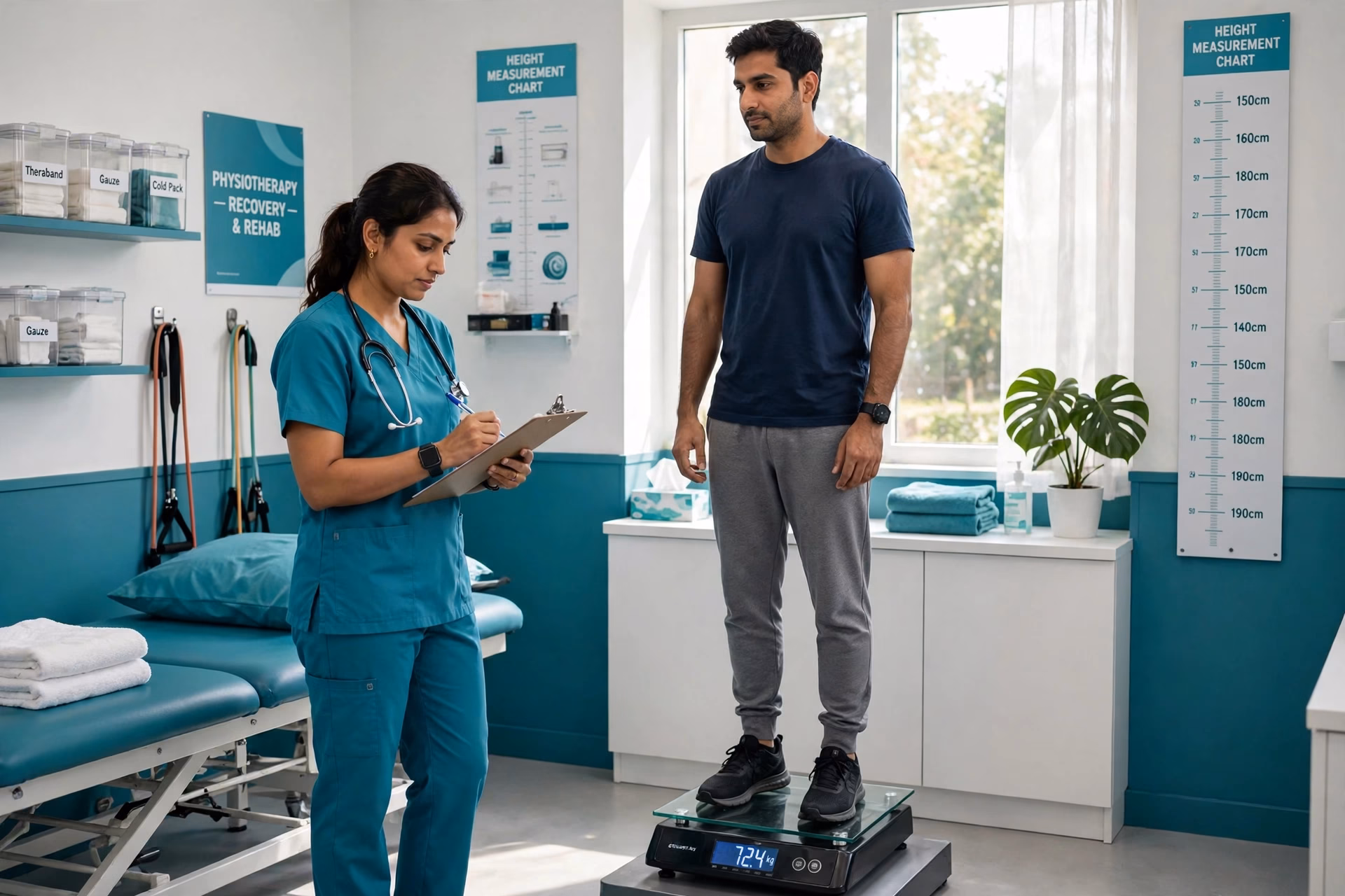 BMI Calculator 1 Physiotherapist measuring a patient's waist with a tape during a body composition check at the clinic
