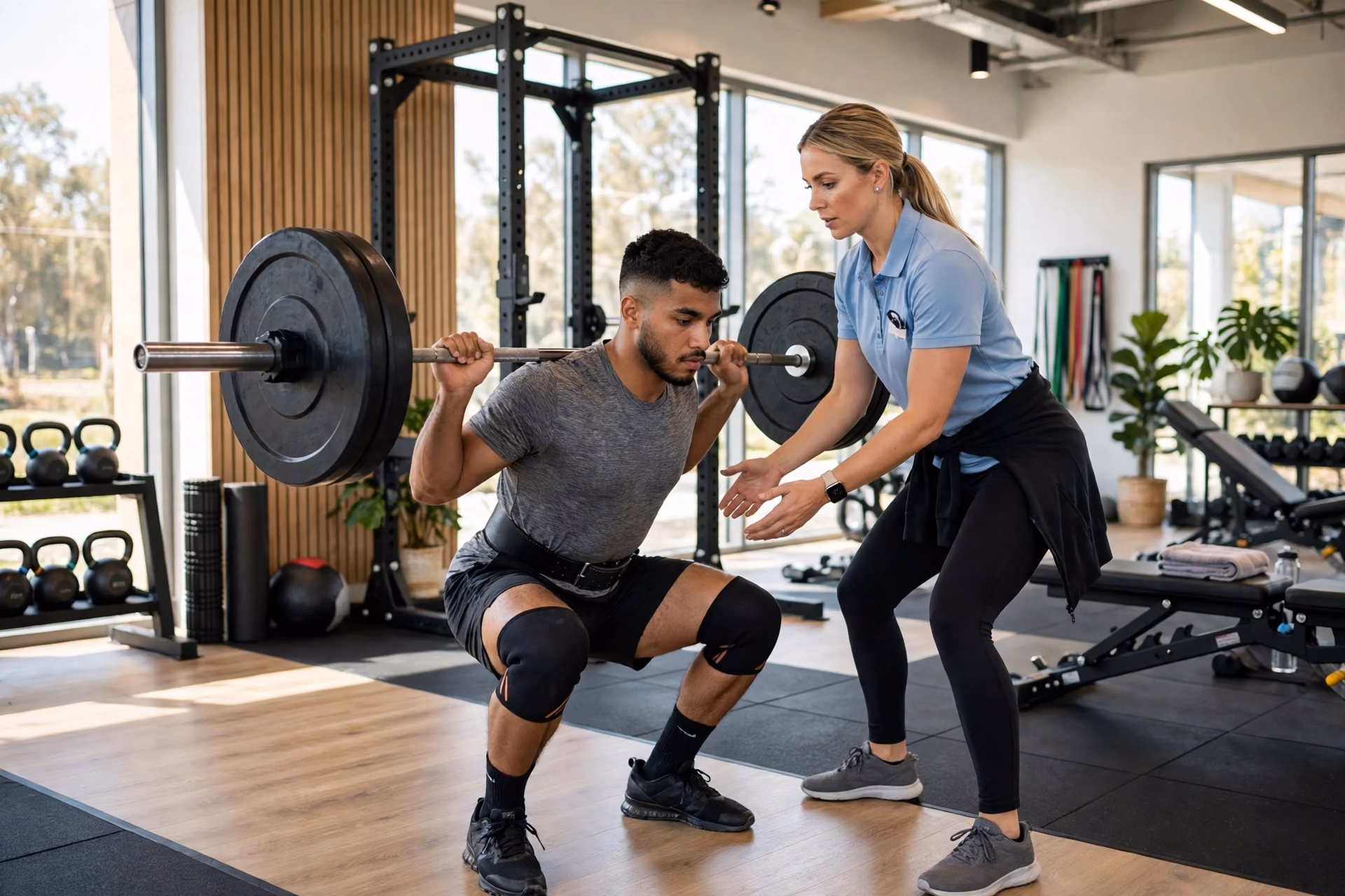 One Rep Max Calculator 1 Lifter performing a barbell back squat with a physiotherapist spotting beside them in a bright gym