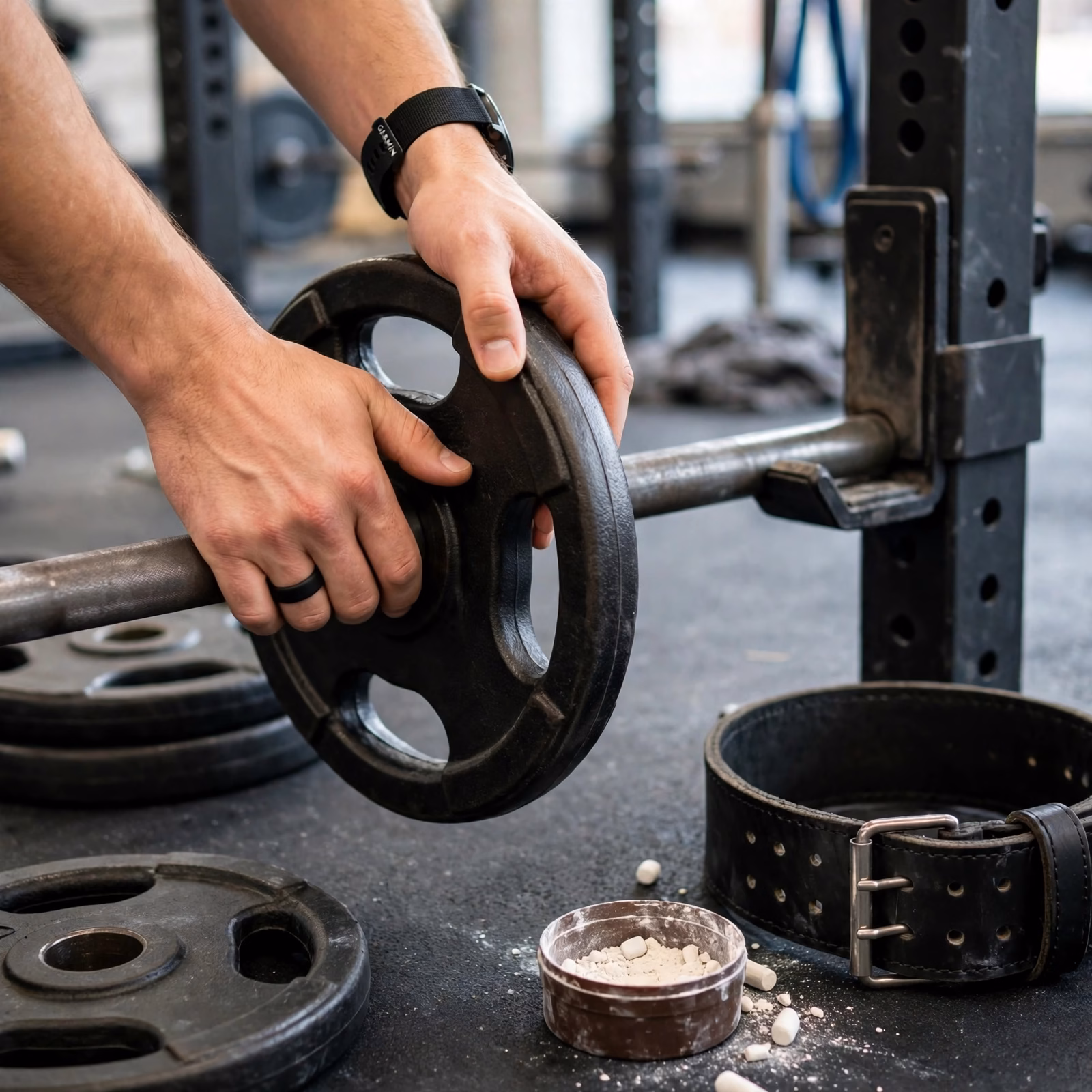 One Rep Max Calculator 2 Hands loading a plate onto a barbell on a rack, with chalk and a lifting belt nearby