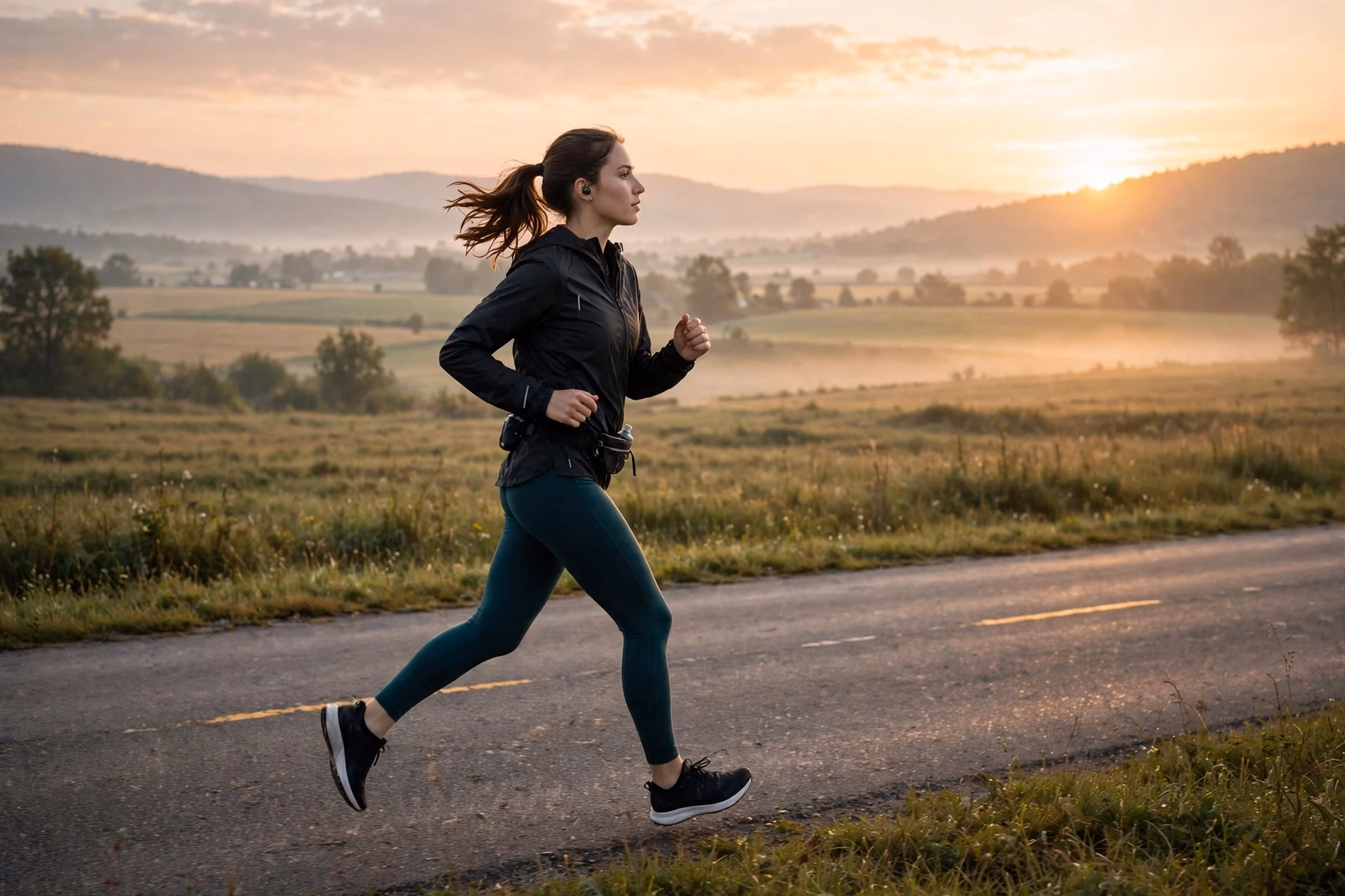 Running Pace Calculator 1 Runner keeping an even pace on an open road at sunrise