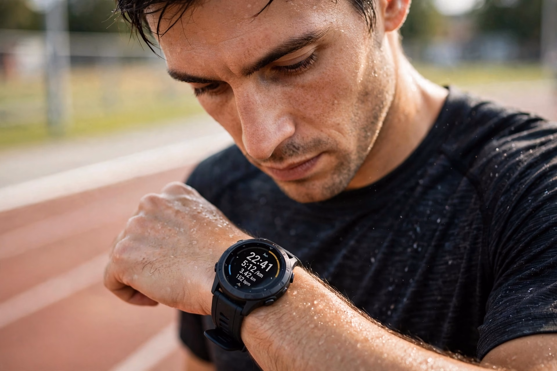 Running Pace Calculator 2 Runner glancing at a sports watch to check pace during a training run