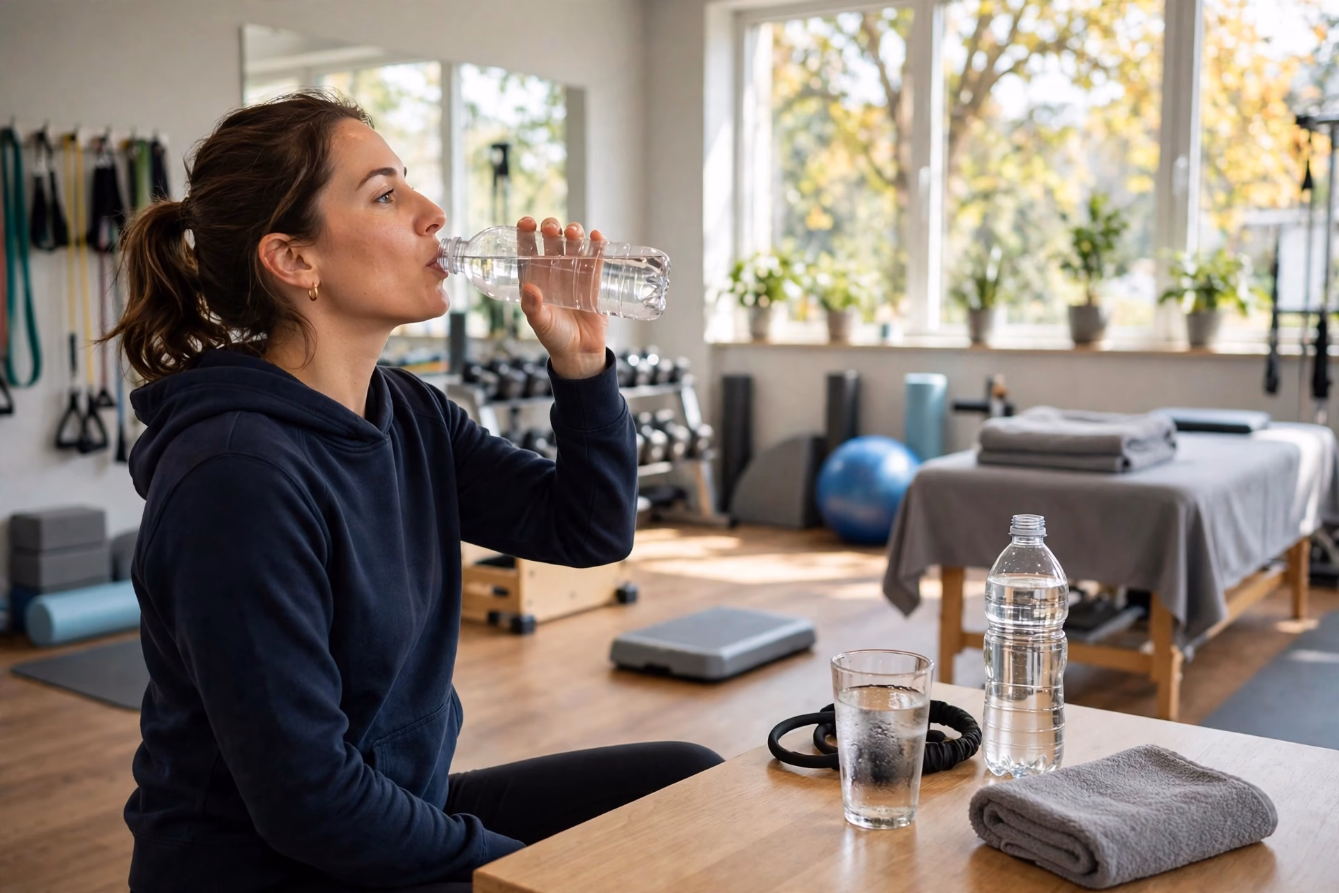 Person drinking from a clear water bottle during a break in a bright physiotherapy clinic gym