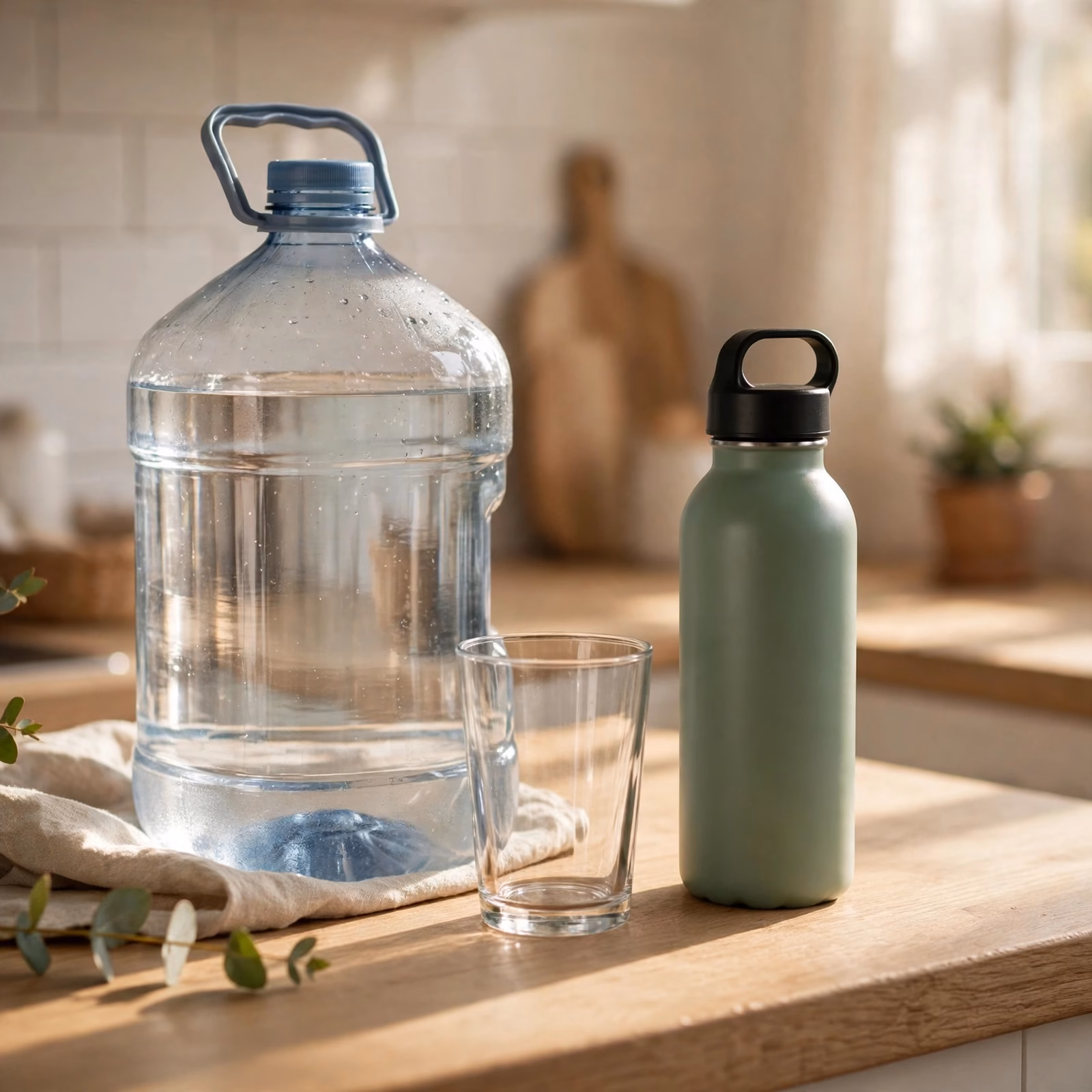 Large clear water jug, a glass and a reusable bottle on a kitchen counter in morning light
