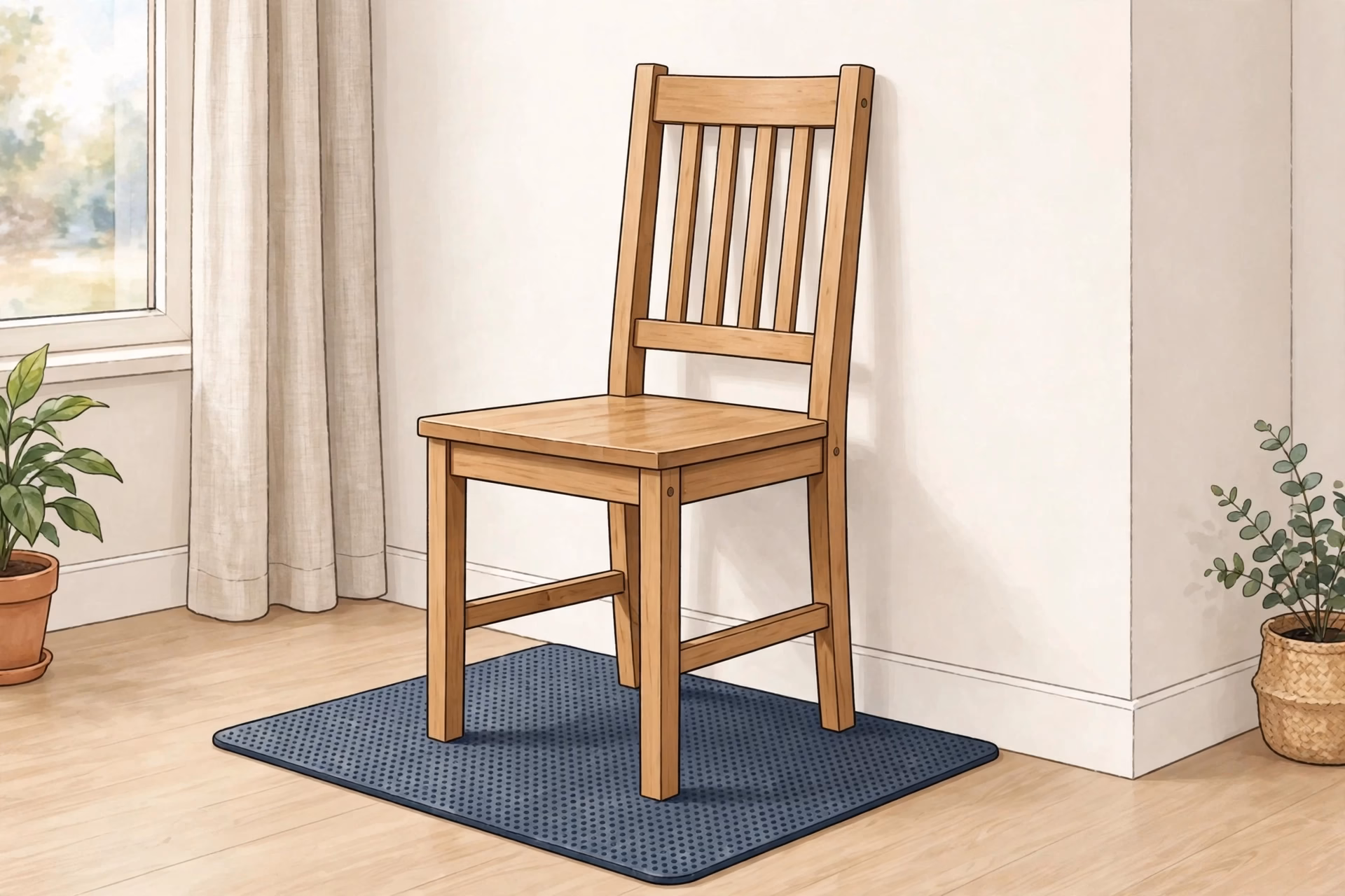 Safe chair setup for seated exercise: sturdy straight-backed chair against a wall on a non-slip mat