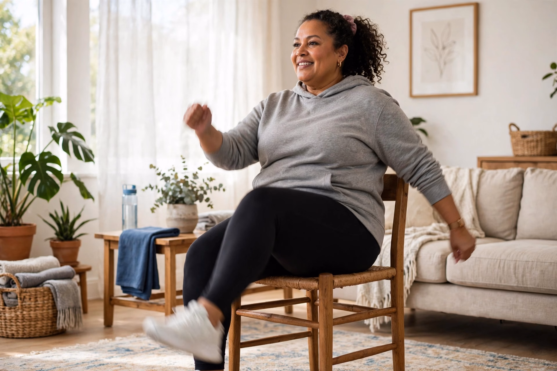 Seated marching exercise: lifting knee toward chest while sitting tall