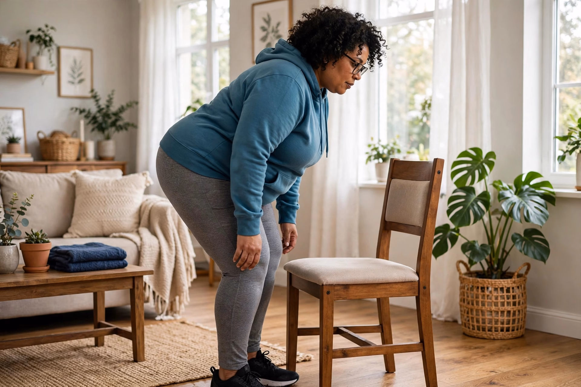 Sit-to-stand exercise demonstration from a sturdy chair